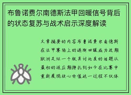 布鲁诺费尔南德斯法甲回暖信号背后的状态复苏与战术启示深度解读